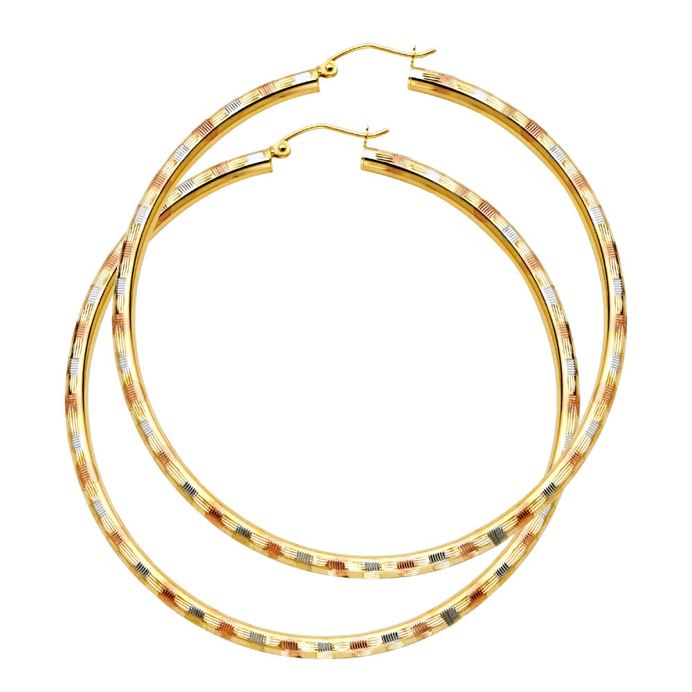 14K Yellow White Rose Gold 3 mm Diamond Cut Hoop Earring