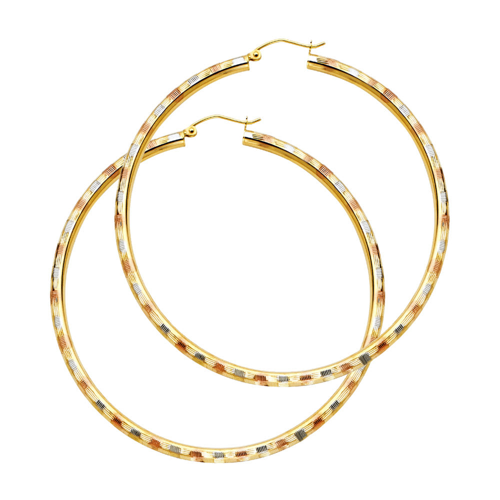 14K Yellow White Rose Gold 3 mm Diamond Cut Hoop Earring