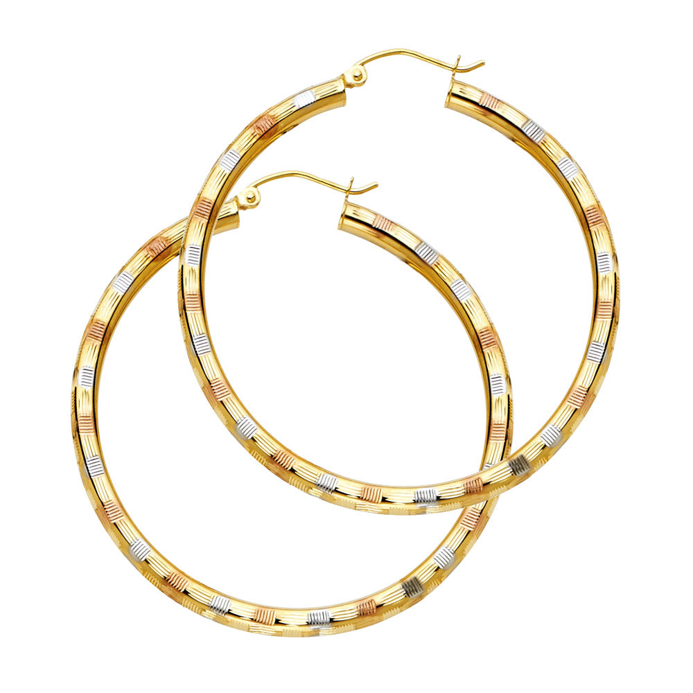 14K Yellow White Rose Gold 3 mm Diamond Cut Hoop Earring