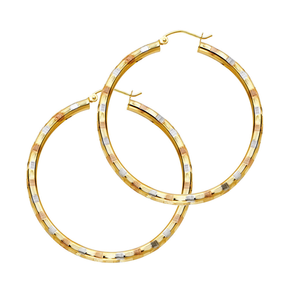 14K Yellow White Rose Gold 3 mm Diamond Cut Hoop Earring