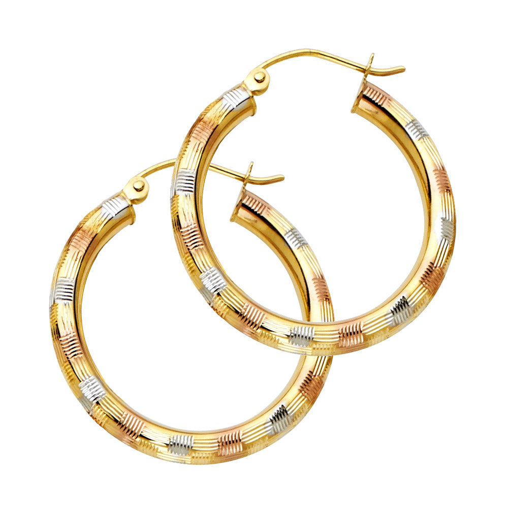 14K Yellow White Rose Gold 3 mm Diamond Cut Hoop Earring