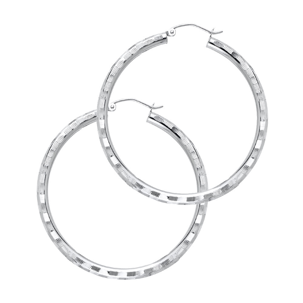 14K White Gold 3 mm Diamond Cut Hoop Earring
