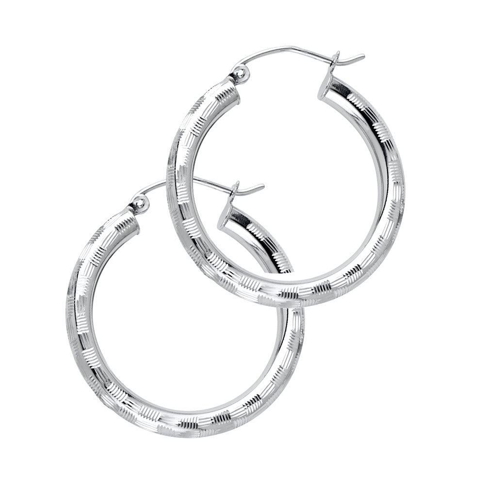 14K White Gold 3 mm Diamond Cut Hoop Earring