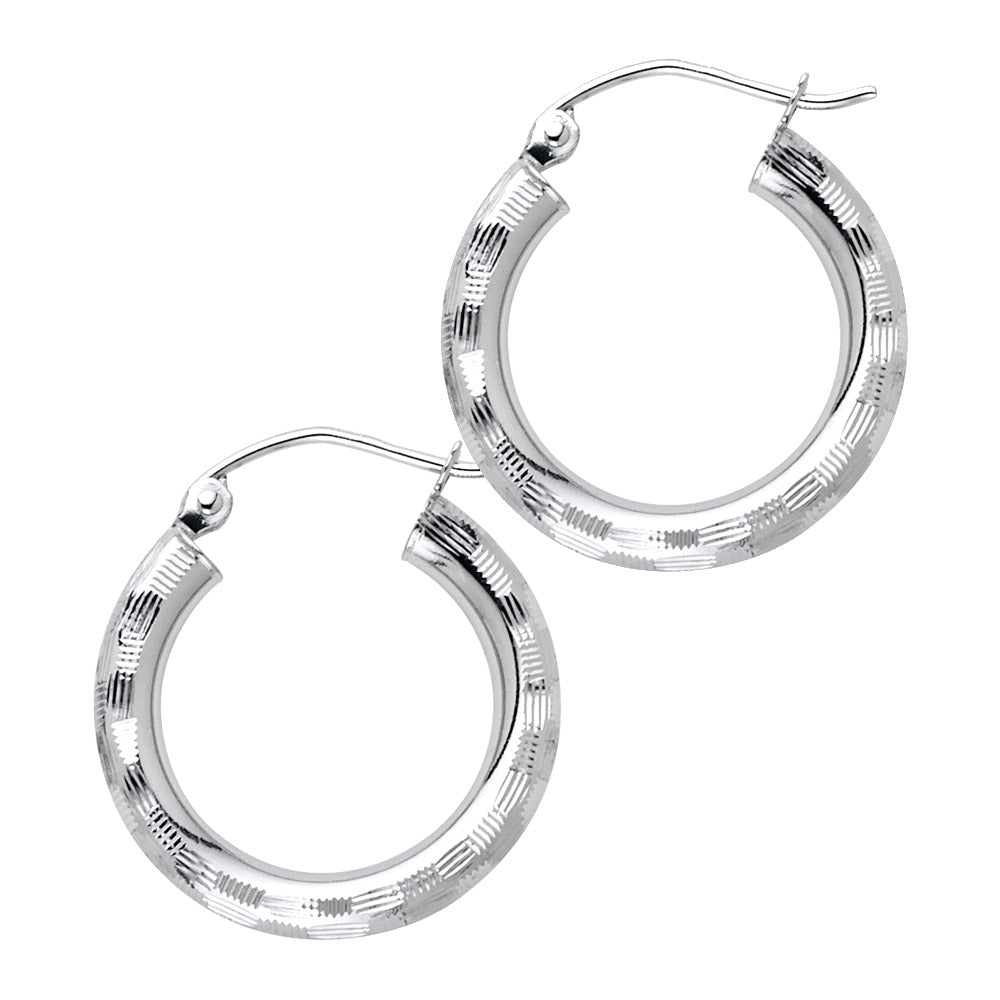 14K White Gold 3 mm Diamond Cut Hoop Earring