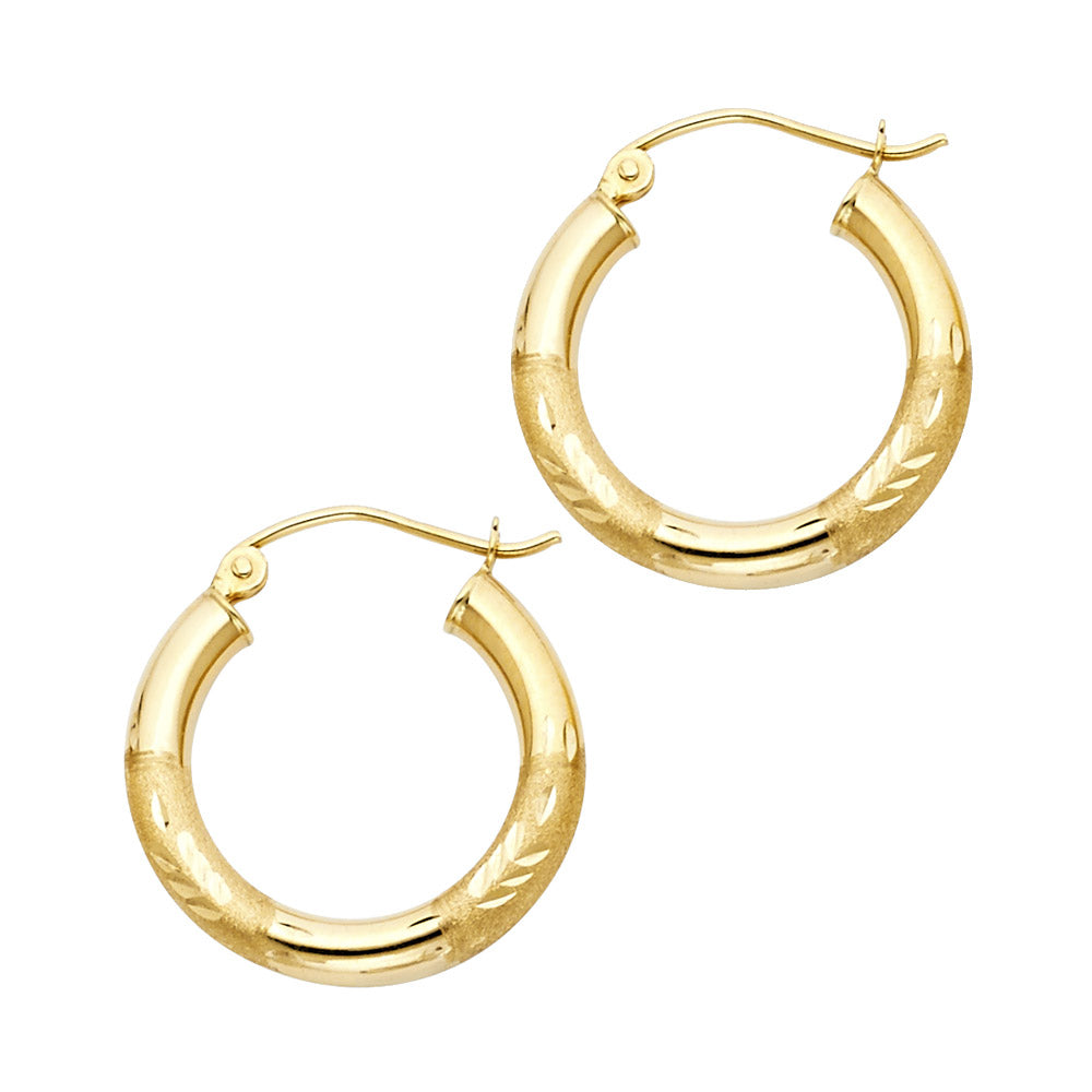 14K Yellow Gold 3 mm Bud Diamond Cut Hoop Earring