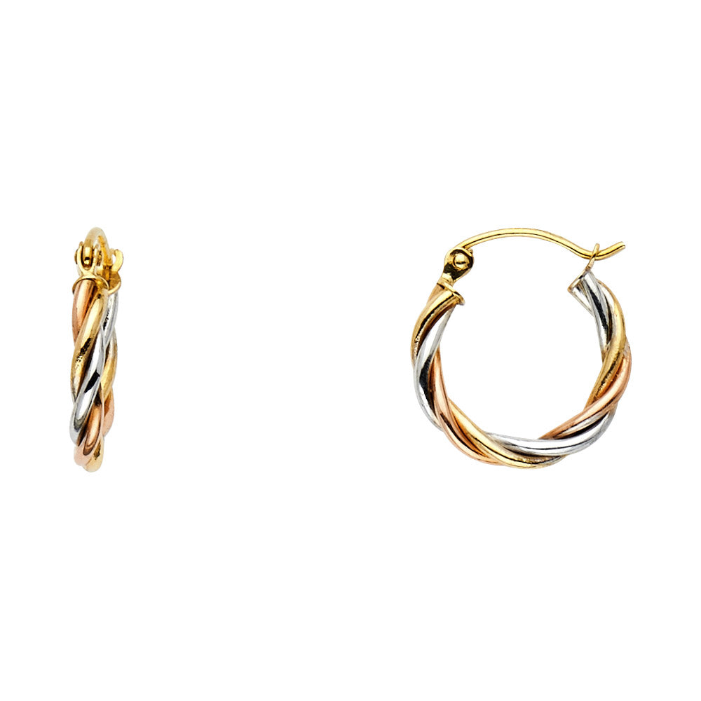 14K Yellow White Rose Gold 3Line Braided Hoop Earring