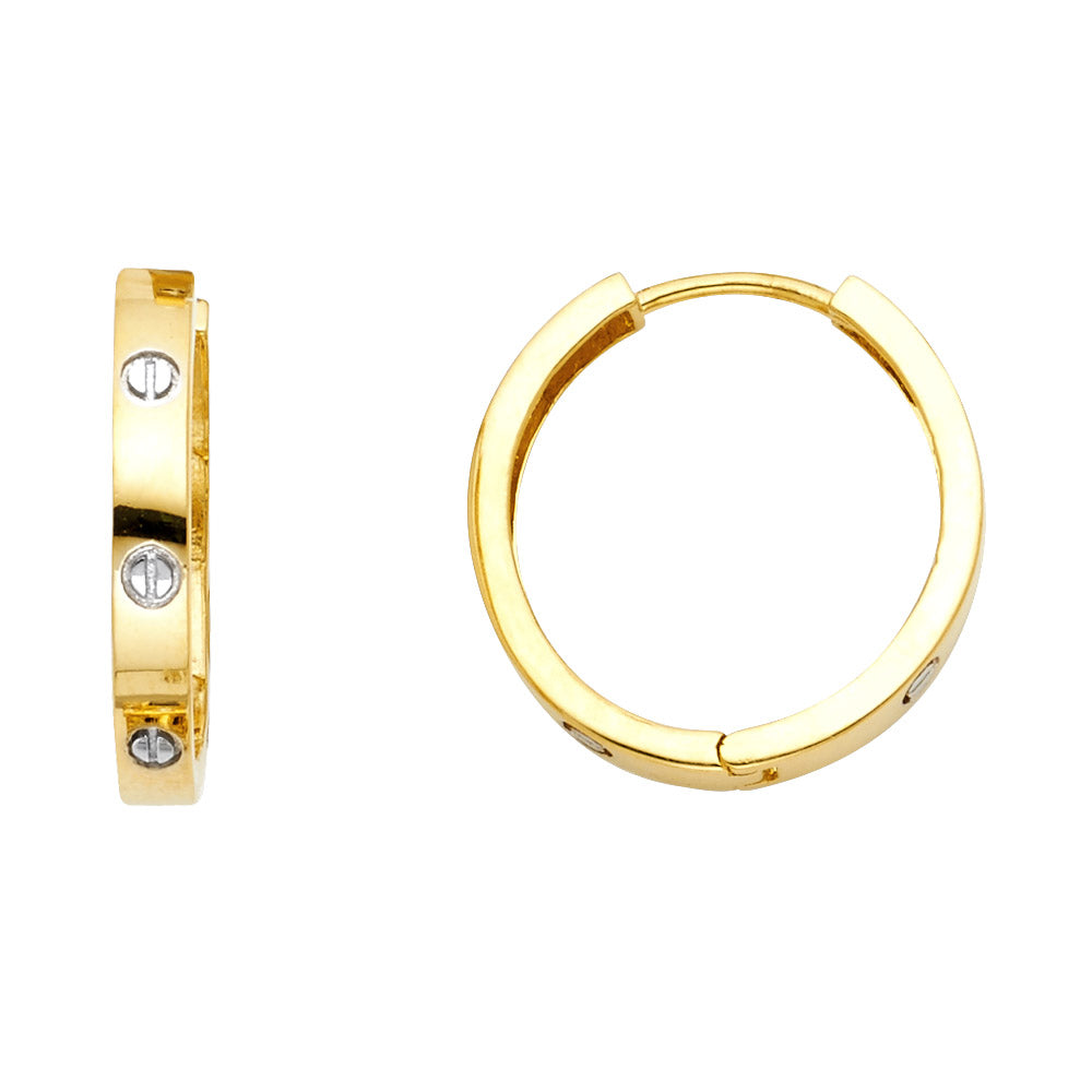 14K Two Tone Gold Diamond Cut Stamp Huggies Earring