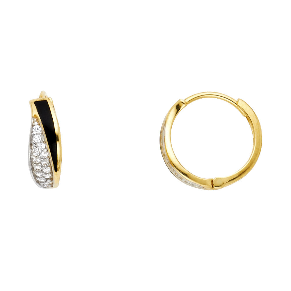 14K Two Tone Gold Onyx & CZ Huggies Earring