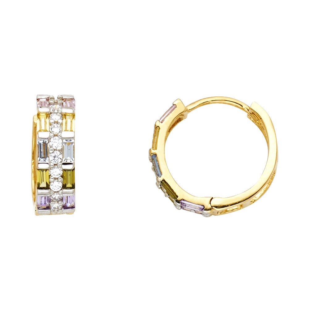 14K Yellow Gold Multi Color CZ Huggies Earring
