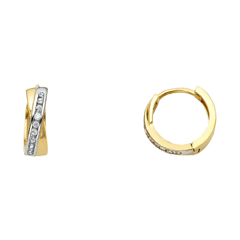 14K Two Tone Gold CZ Huggies Earring