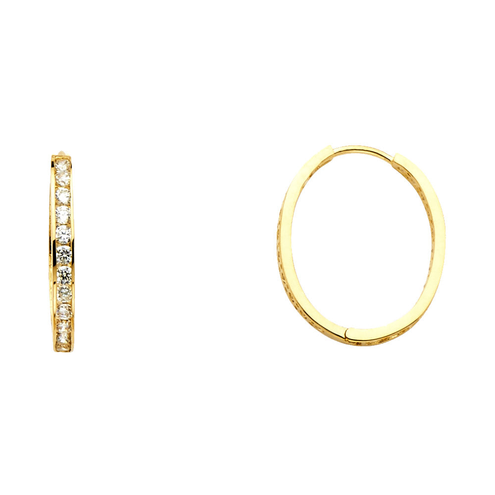 14K Yellow Gold Round CZ Channel Oval Hoops