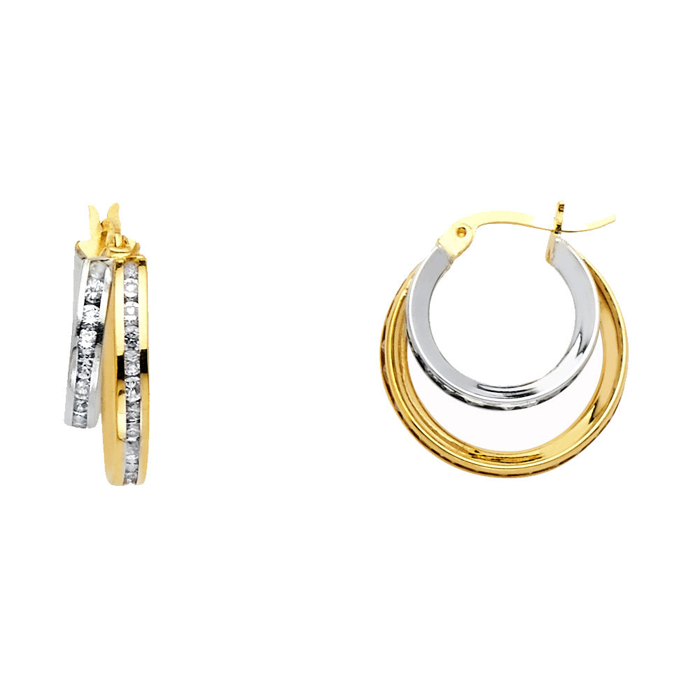 14K Two Tone Gold Round CZ Channel 2 Rows Hoops