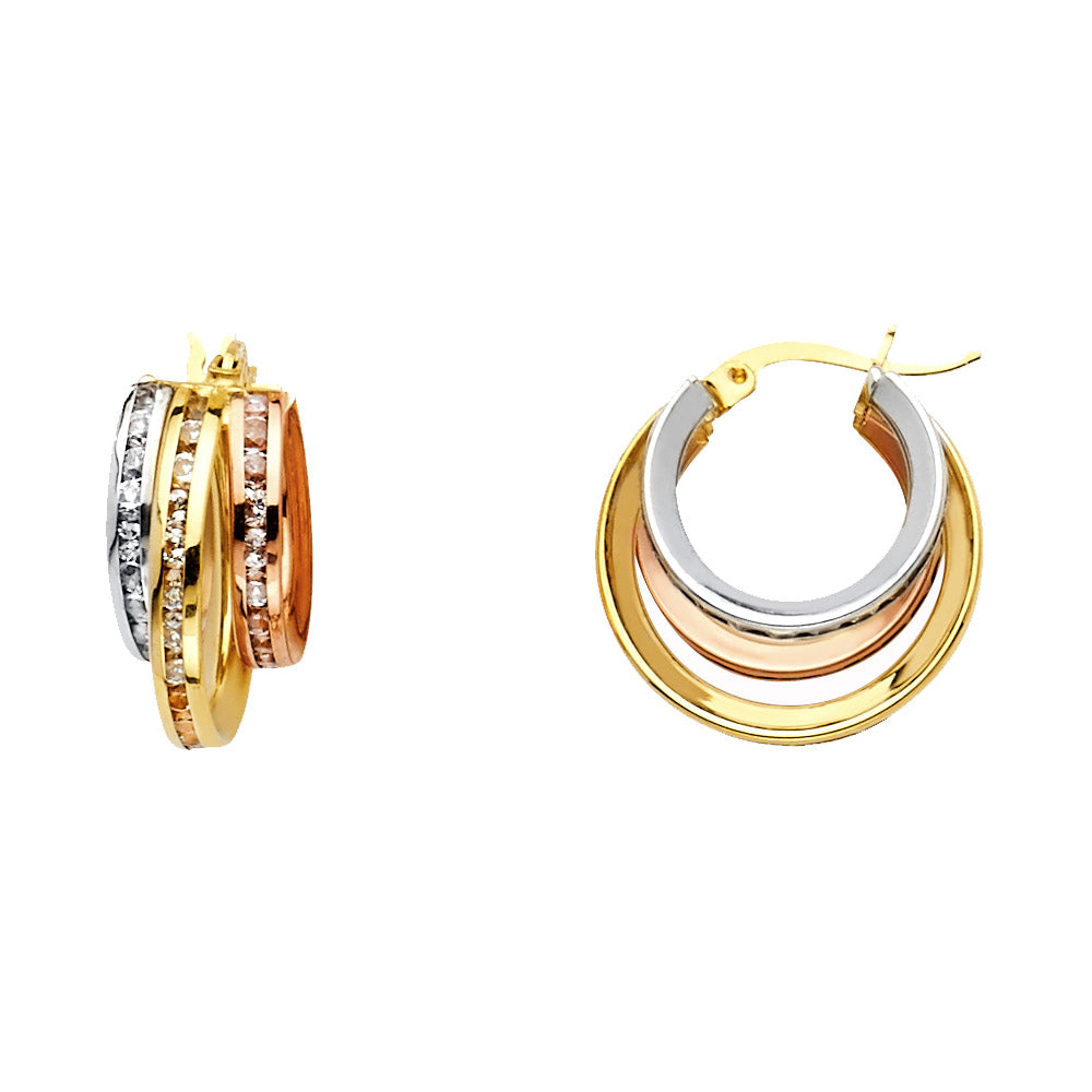 14K Yellow White Rose Gold Round CZ Channel 3 Rows Hoops