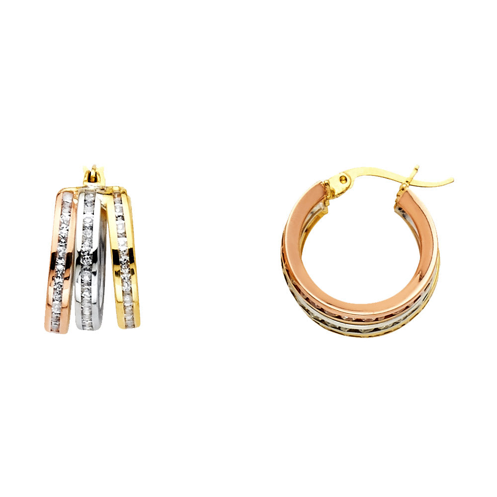 14K Yellow White Rose Gold Round CZ Channel 3 Rows Hoops
