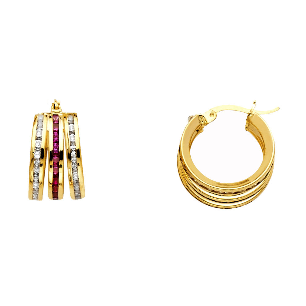14K Yellow Gold Red+W Round CZ Chan 3 Rows Hps
