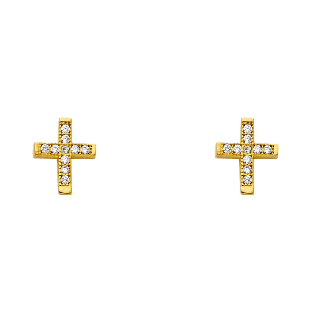 14K Yellow Gold CZ Cross Post Earring