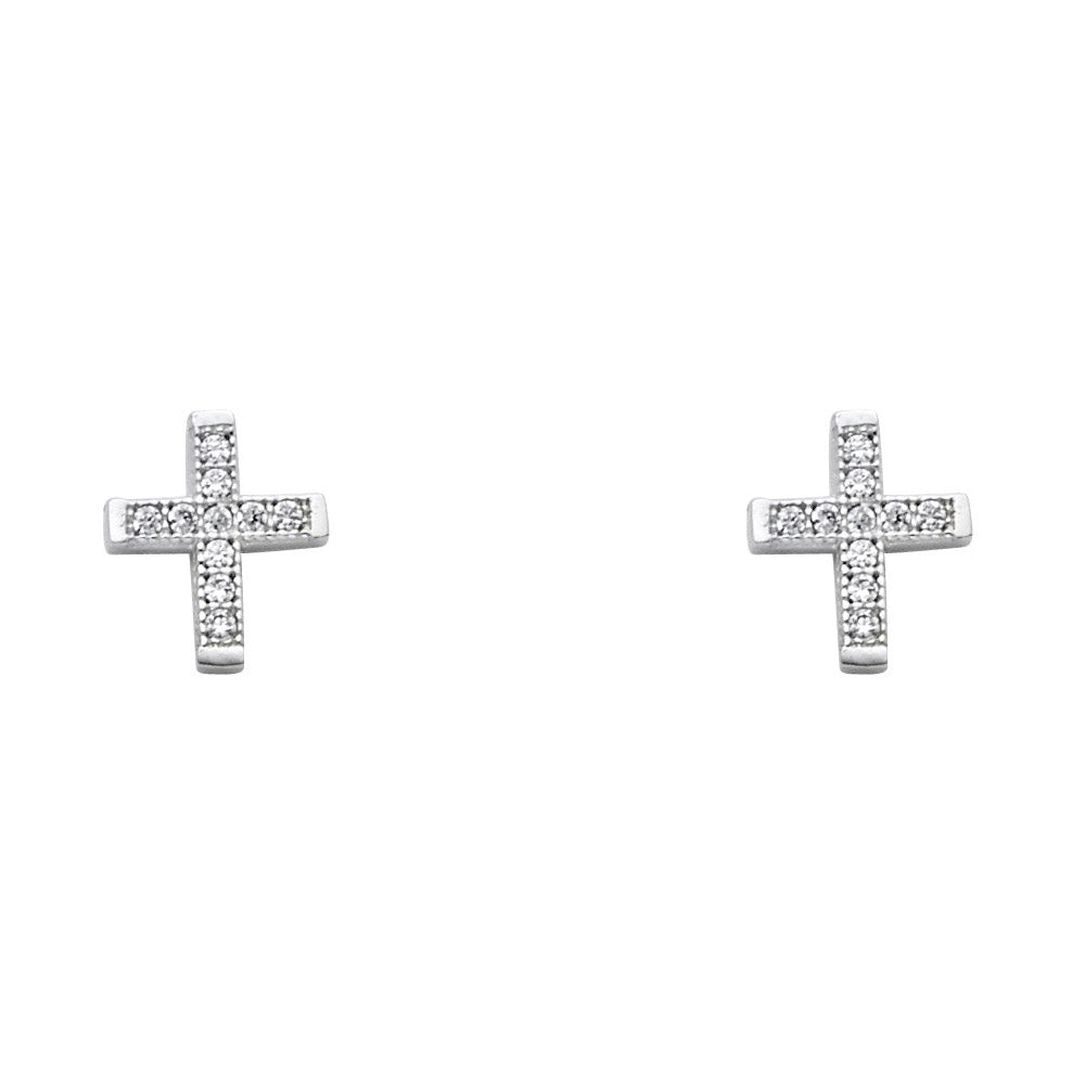 14K White Gold CZ Cross Post Earring