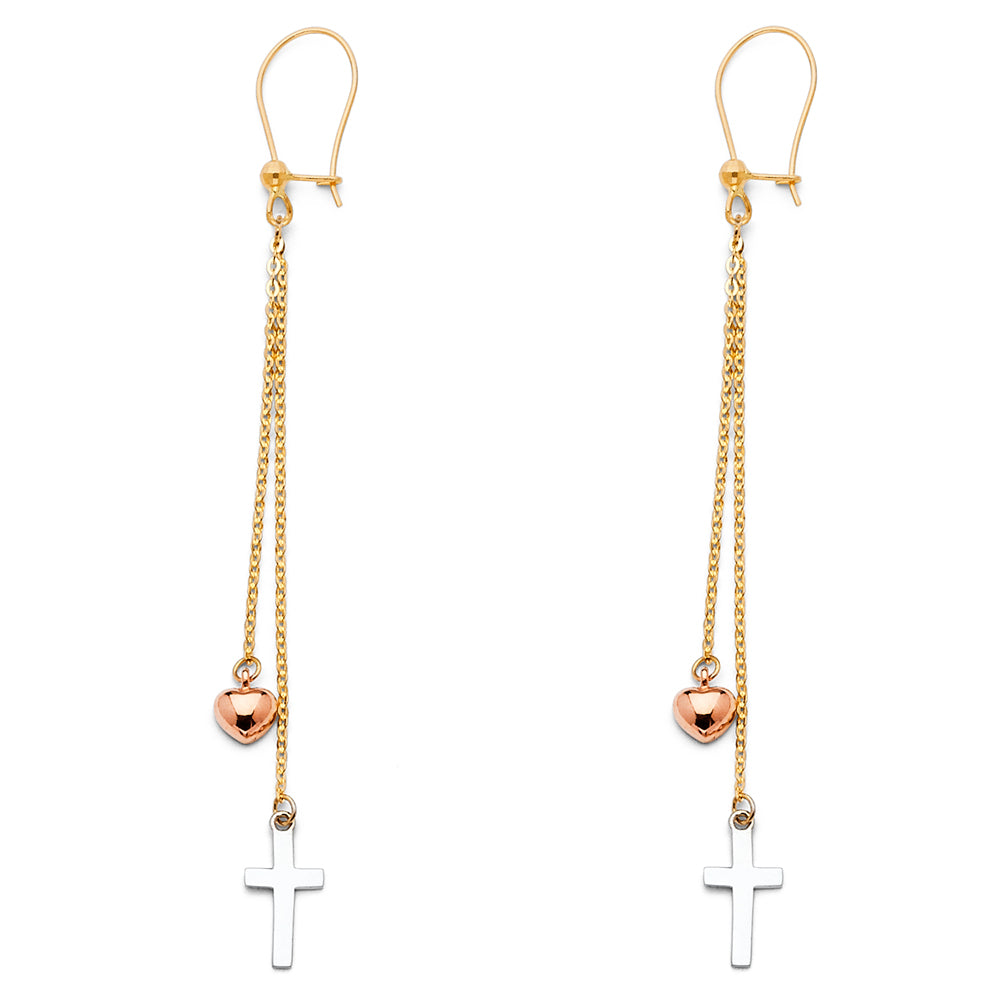 14K Yellow White Rose Gold Cross+Heart Hanging Earring