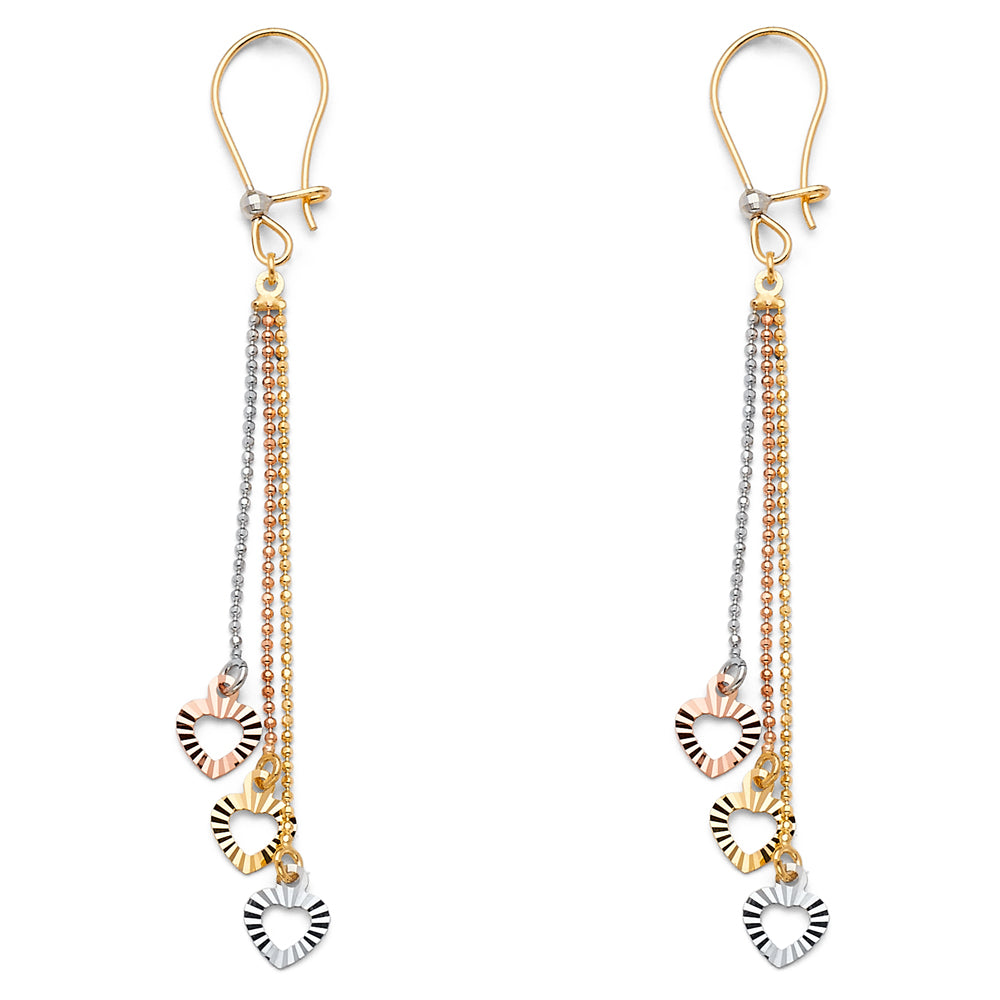 14K Yellow White Rose Gold 3 Hearts Hanging Earring