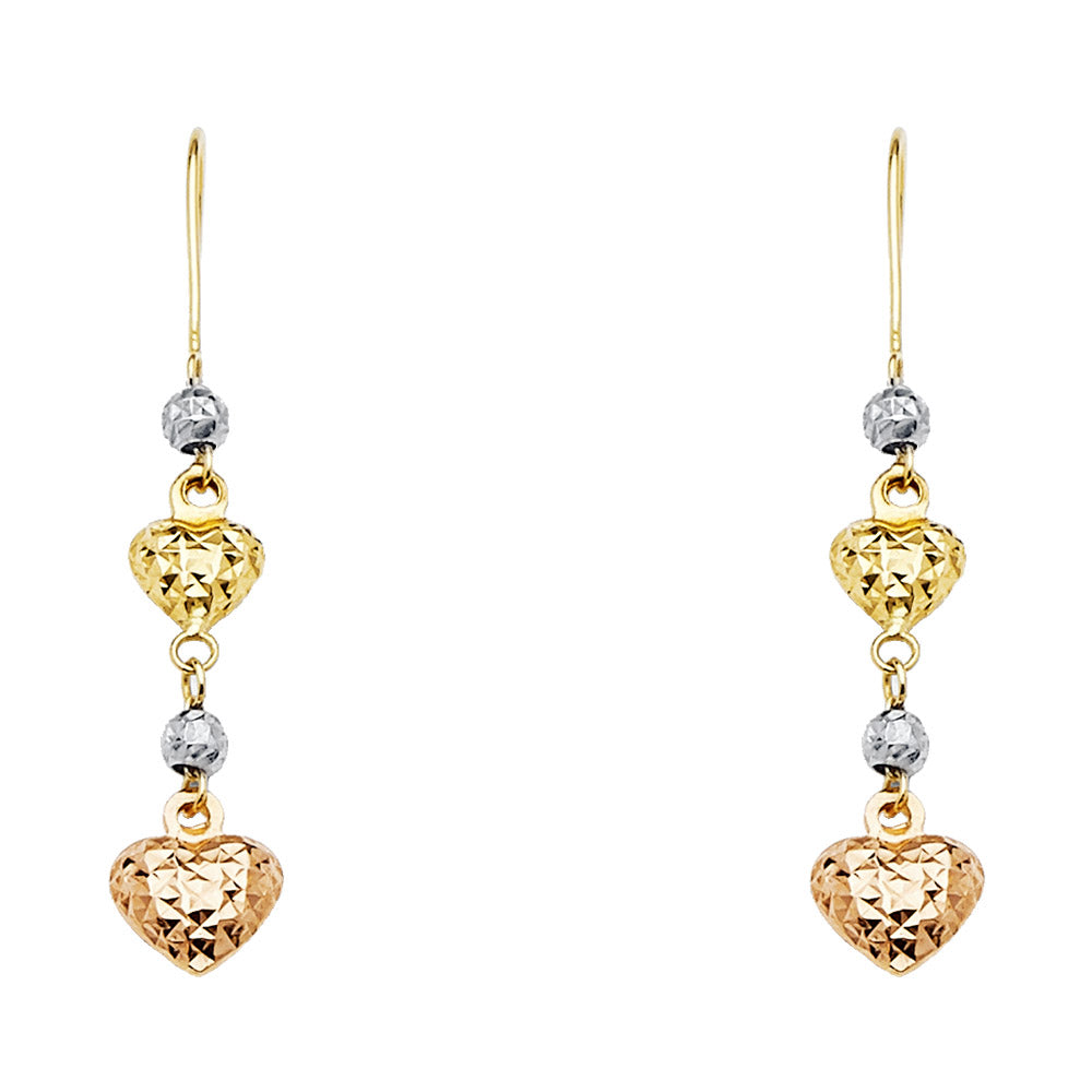 14K Yellow White Rose Gold Heart Hanging Earring