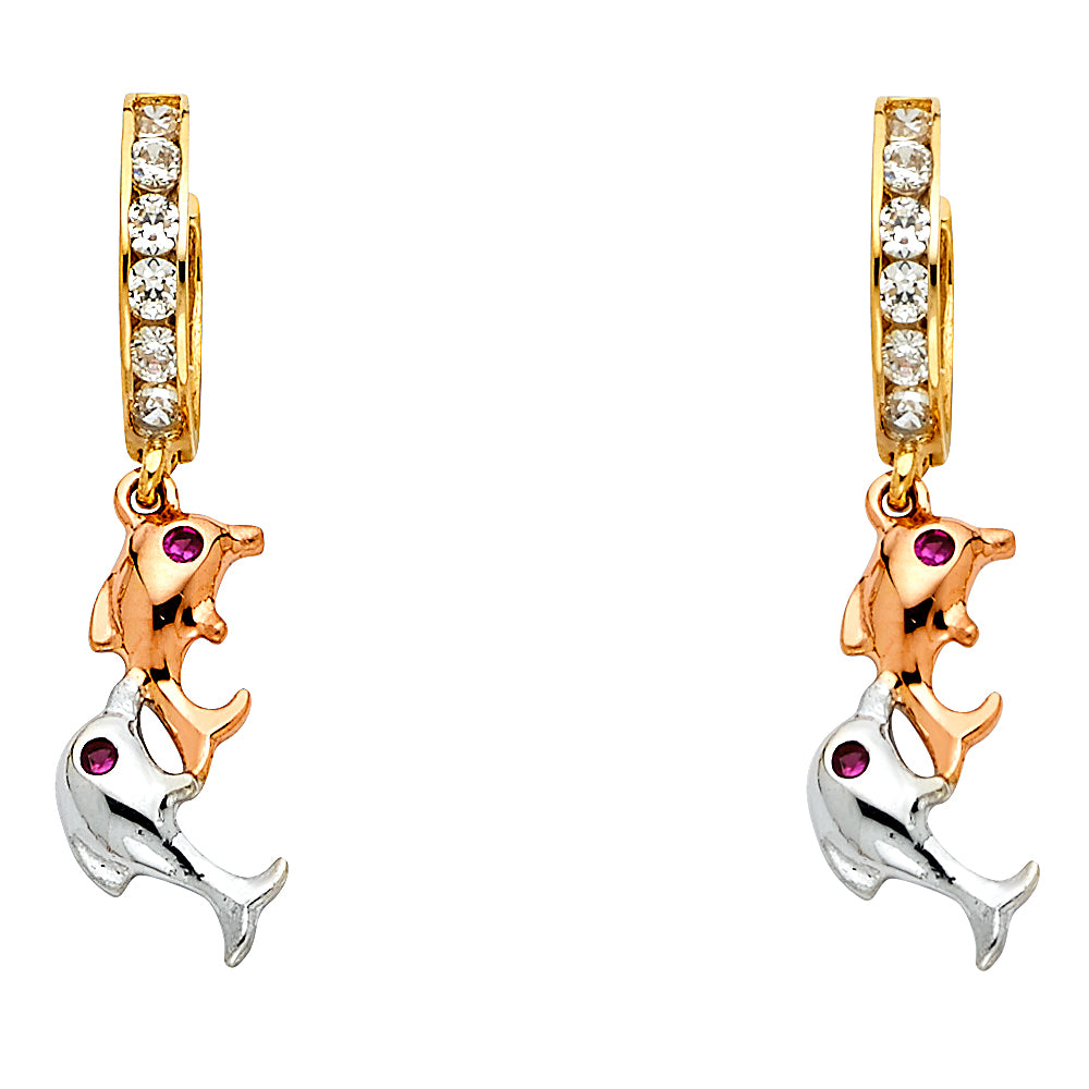 14K Yellow White Rose Gold CZ Dangle Huggies