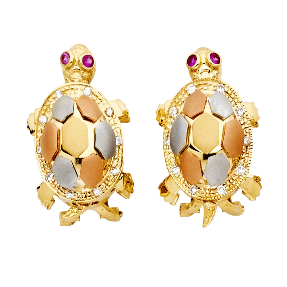 14K Yellow White Rose Gold Turtle Earrings W Clip Lock