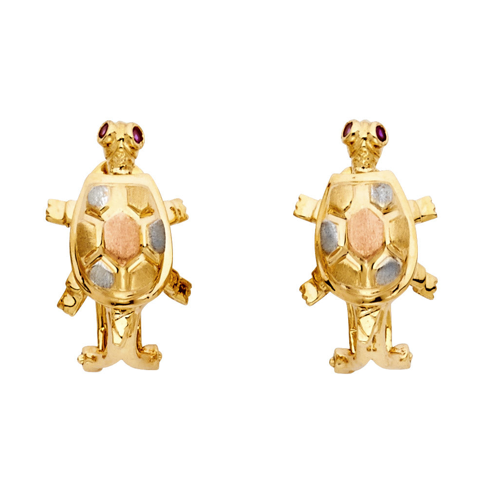 14K Yellow White Rose Gold Turtle Earrings W Clip Lock