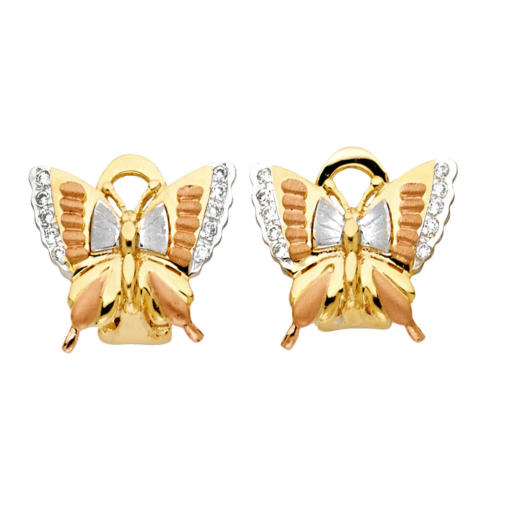 14K Yellow White Rose Gold B-Fly Earrings W Clip Lock