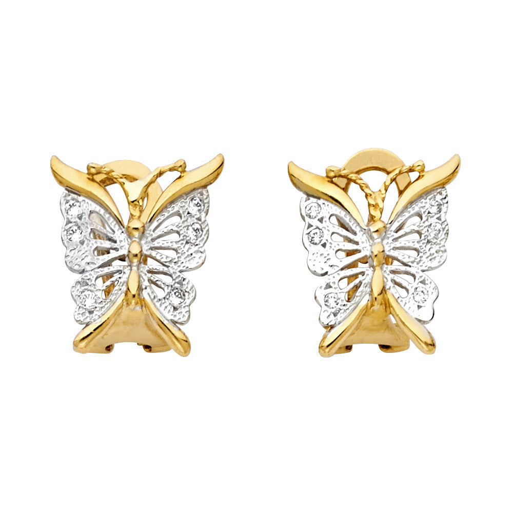 14K Two Tone Gold B-Fly Earrings W Clip Lock