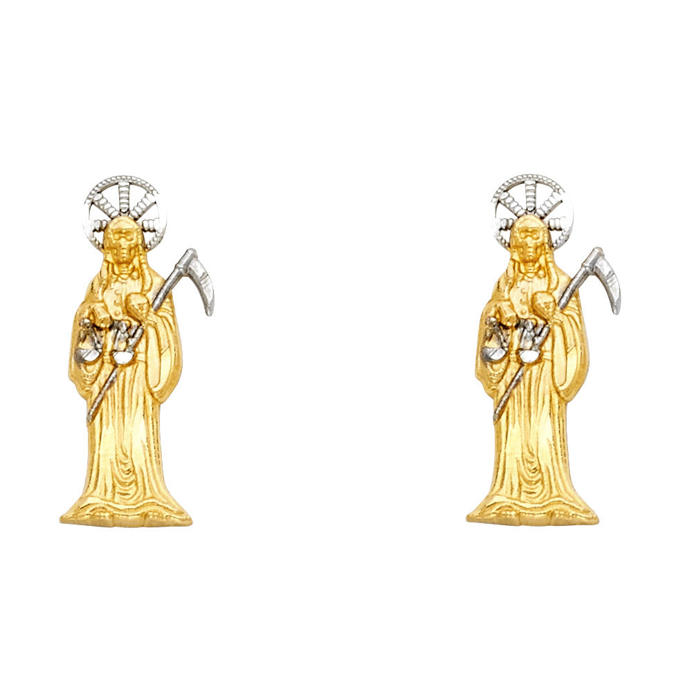14K Two Tone Gold Santa Muerte Post Ear