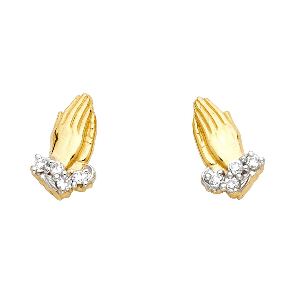 14K Two Tone Gold Pray Hand CZ Post Earring