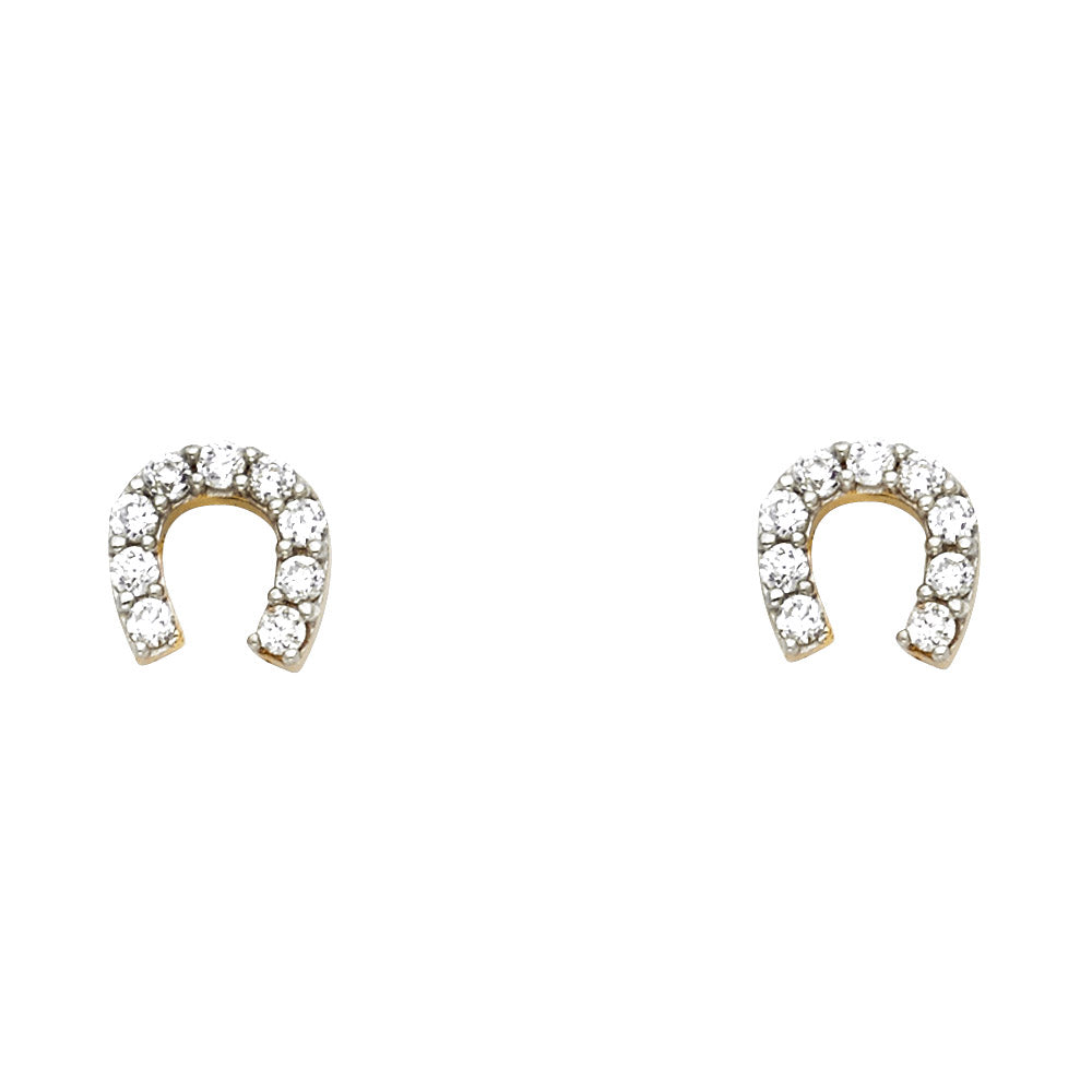 14K Two Tone Gold Horse Shoe CZ Post Ear