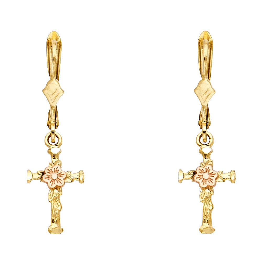 14K Two Tone Gold Dangle Cross Earring