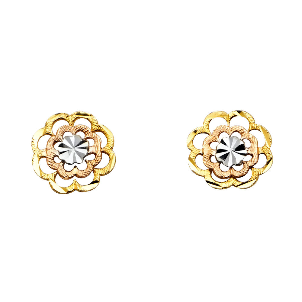 14K Yellow White Rose Gold Flower Post Earring