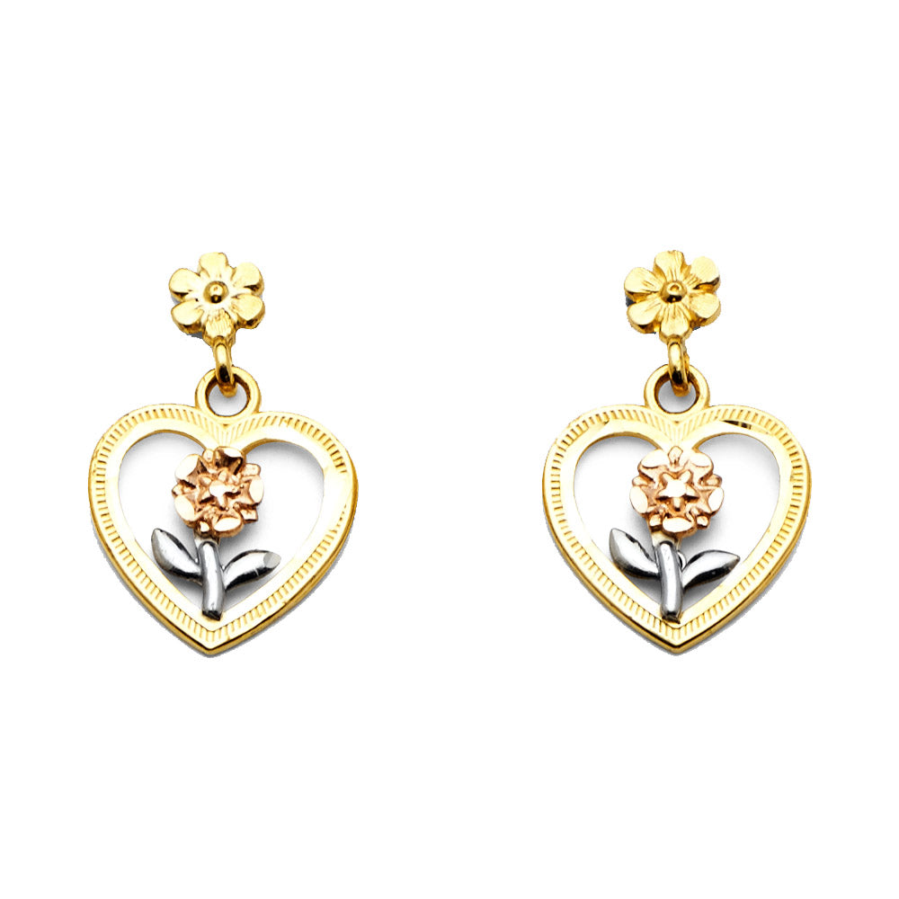 14K Two Tone Gold Dangle Heart Post Ear