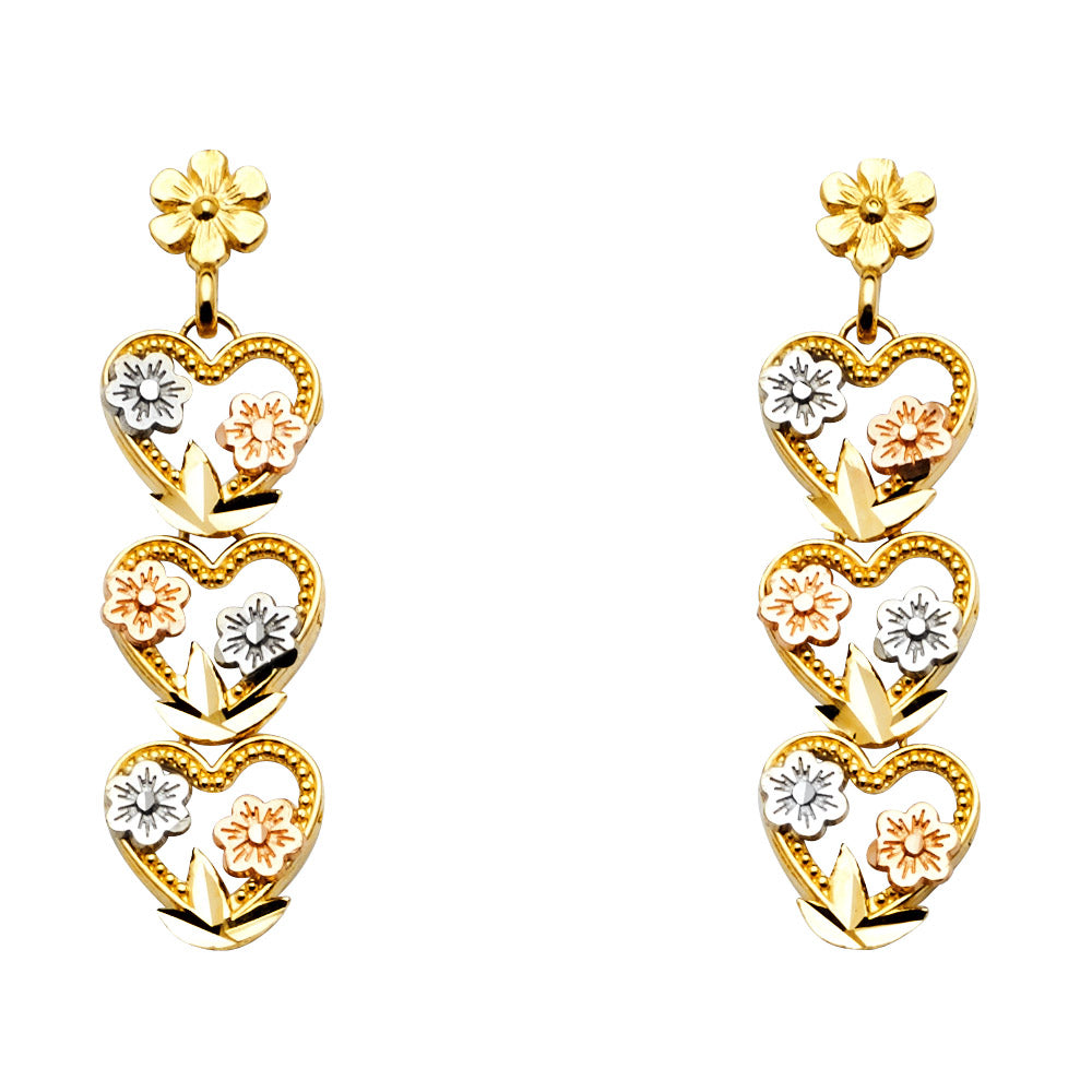 14K Yellow White Rose Gold Dangle Heart Post Ear