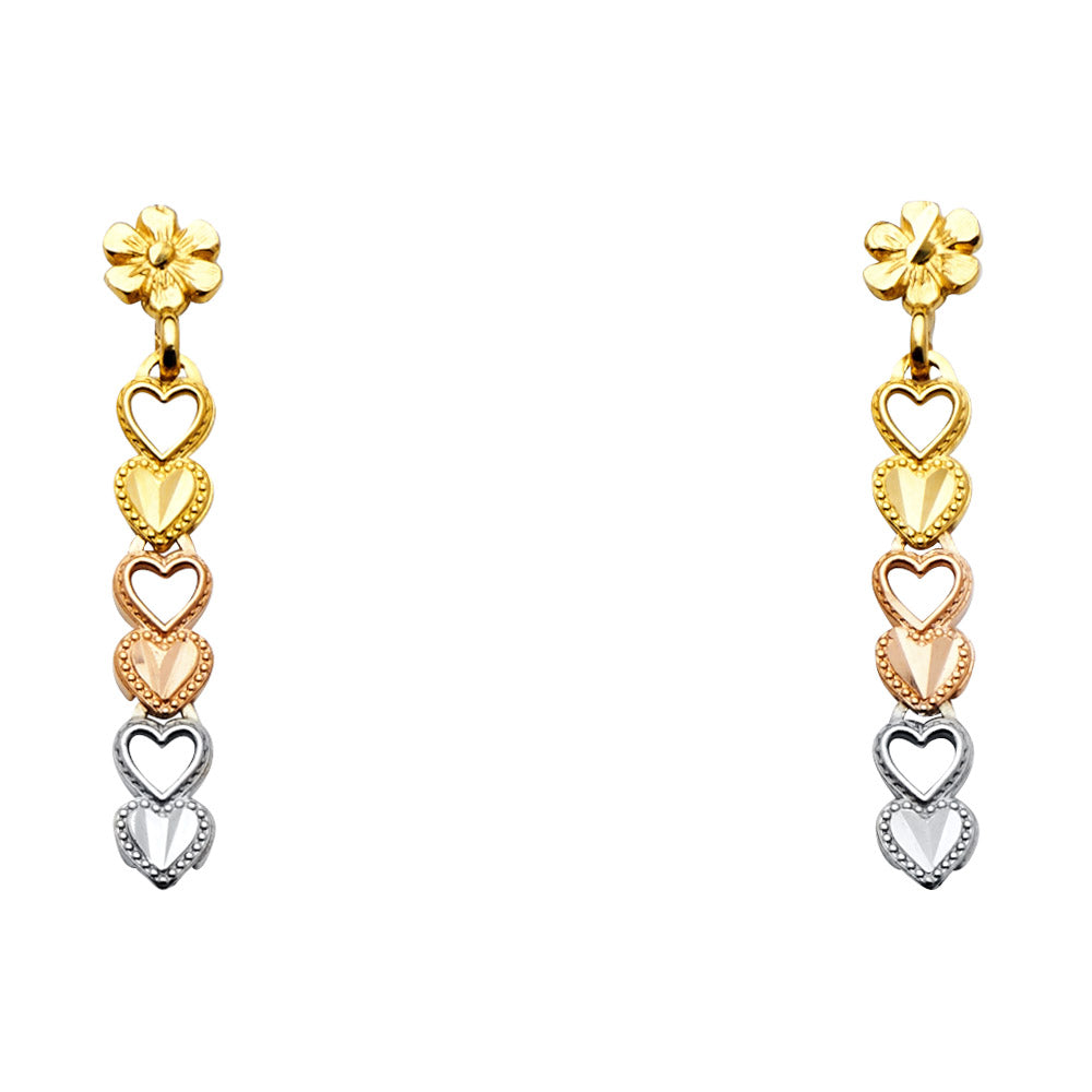 14K Yellow White Rose Gold Dangle Heart Post Ear