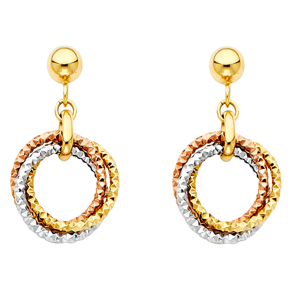14K Yellow White Rose Gold Hangning 3 Rings Earring
