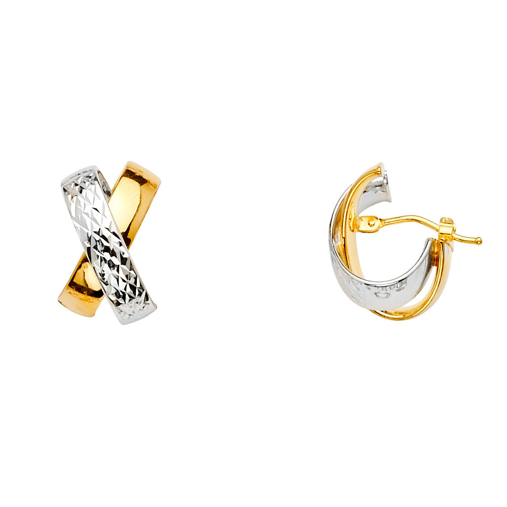 14K Two Tone Gold Diamond Cut Tube X-Sh Ov H-Hp Earrings (13X18 mm)
