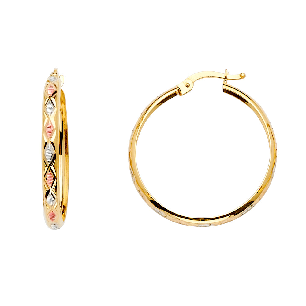 14K Yellow White Rose Gold Diamond Cut H-Dome Hoop Earring