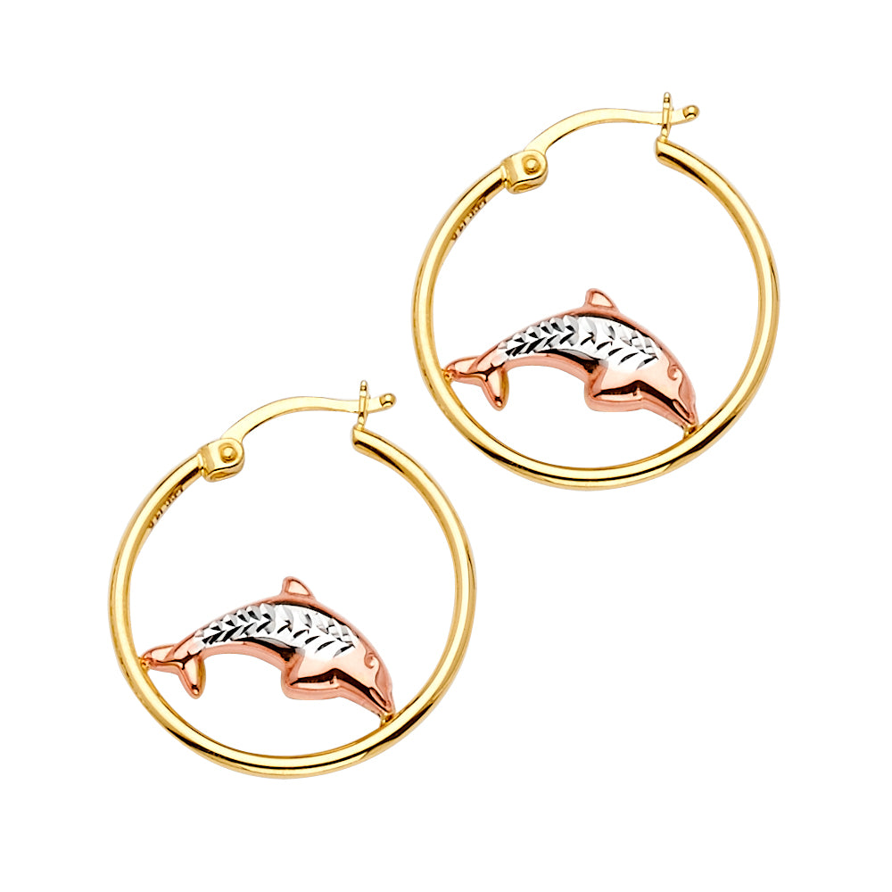 14K Yellow White Rose Goldolor Dolphine Hoop Earring