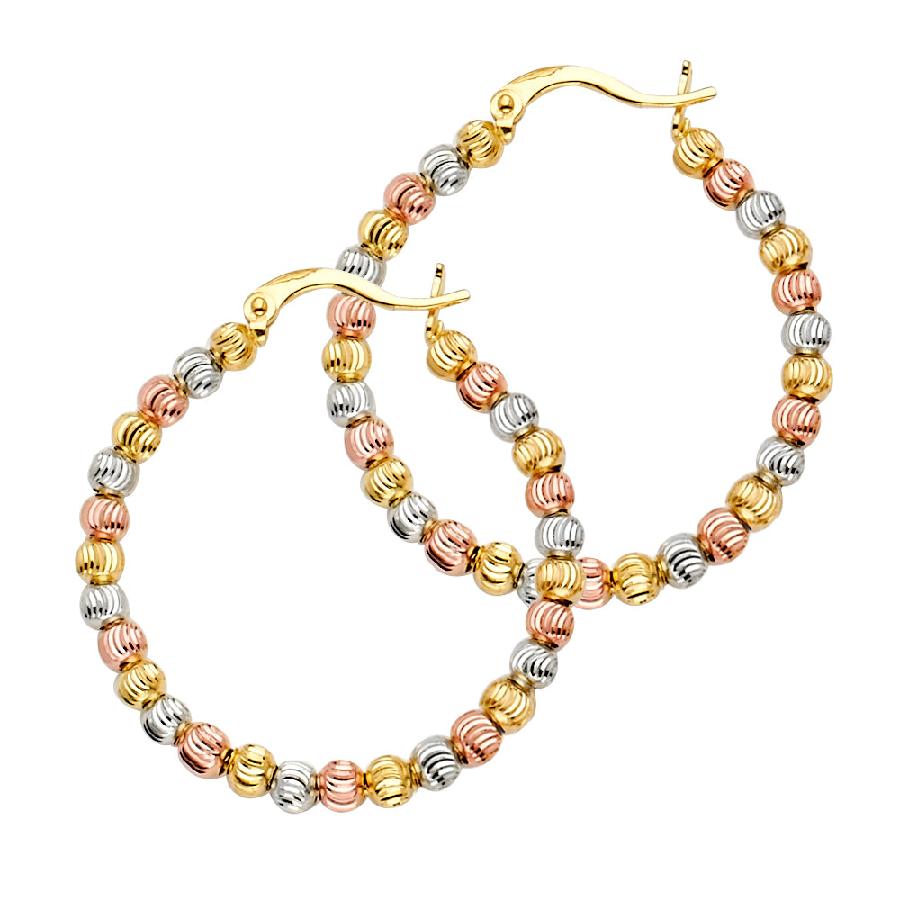 14K Yellow White Rose Gold Moon-Cut Bead Hoop Earring