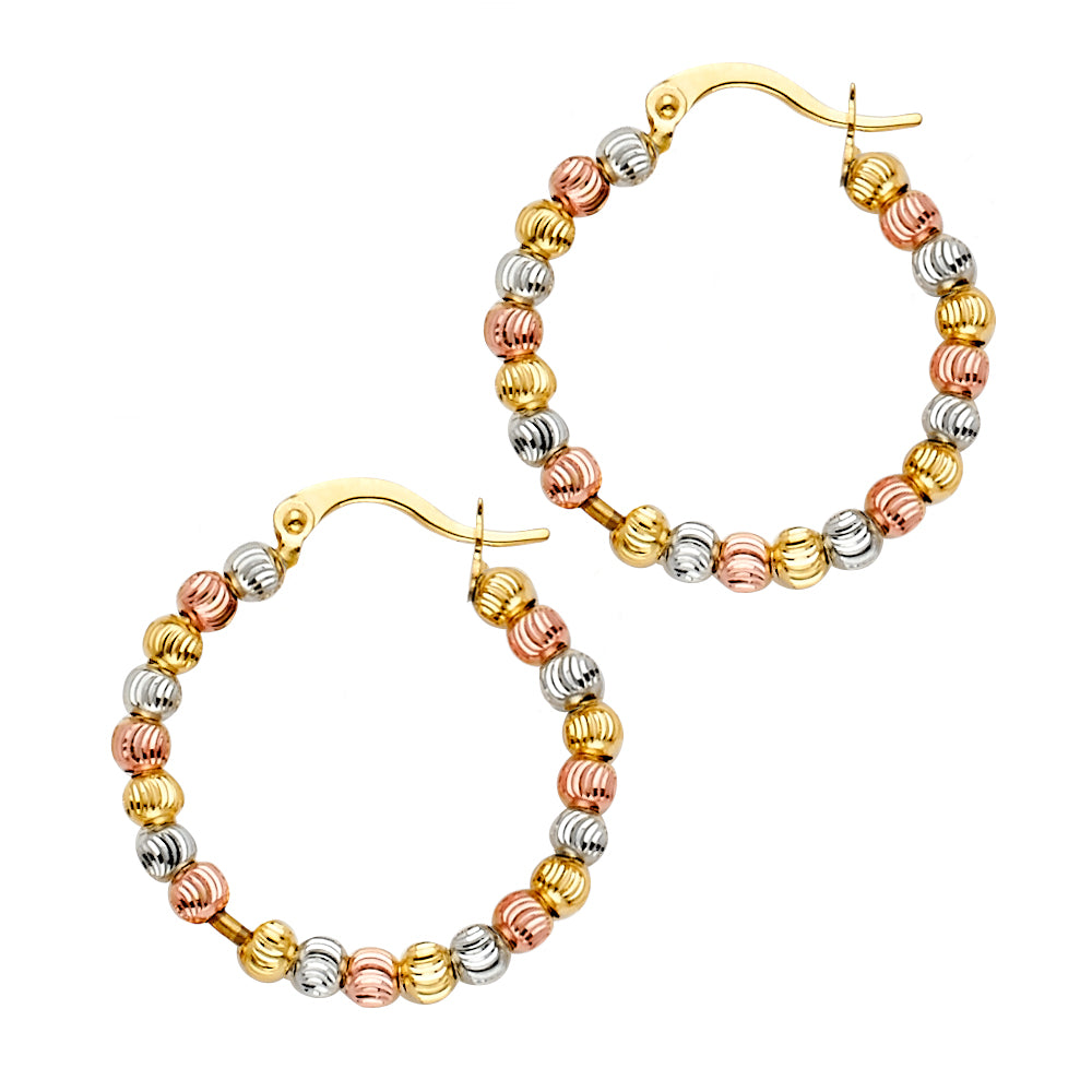 14K Yellow White Rose Gold Moon-Cut Bead Hoop Earring