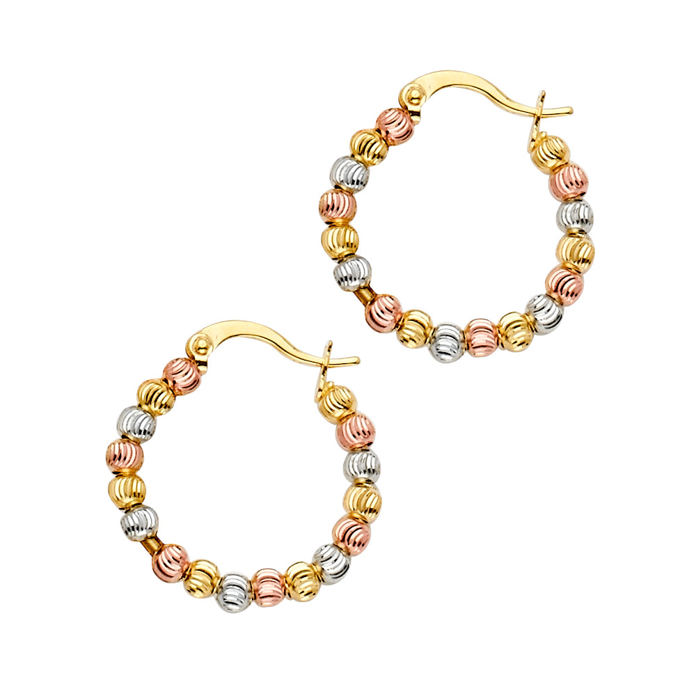 14K Yellow White Rose Gold Moon-Cut Bead Hoop Earring