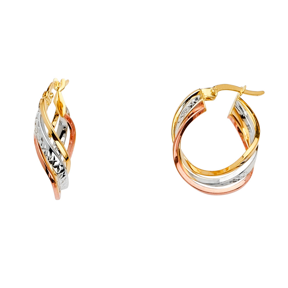 14K Yellow White Rose Gold 3Line Twisted Hoop Earring