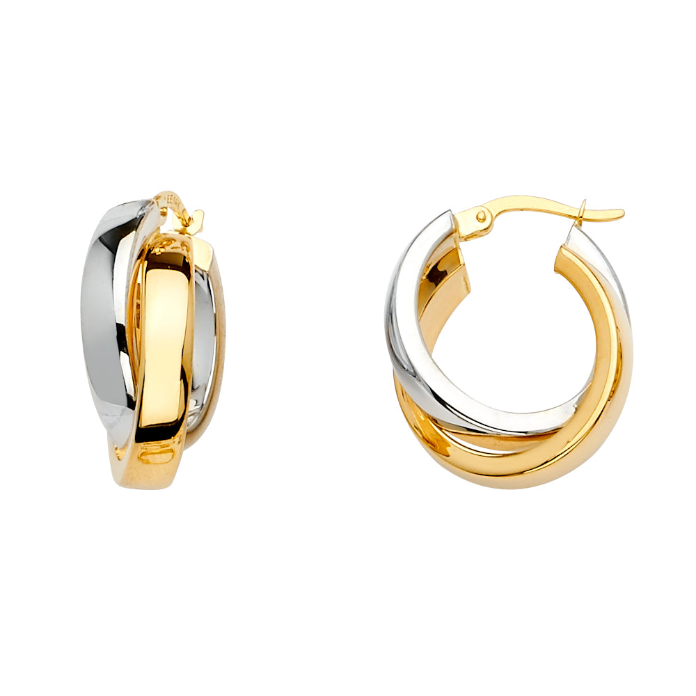 14K Two Tone Gold Two Rows Crossed Hoop Earring