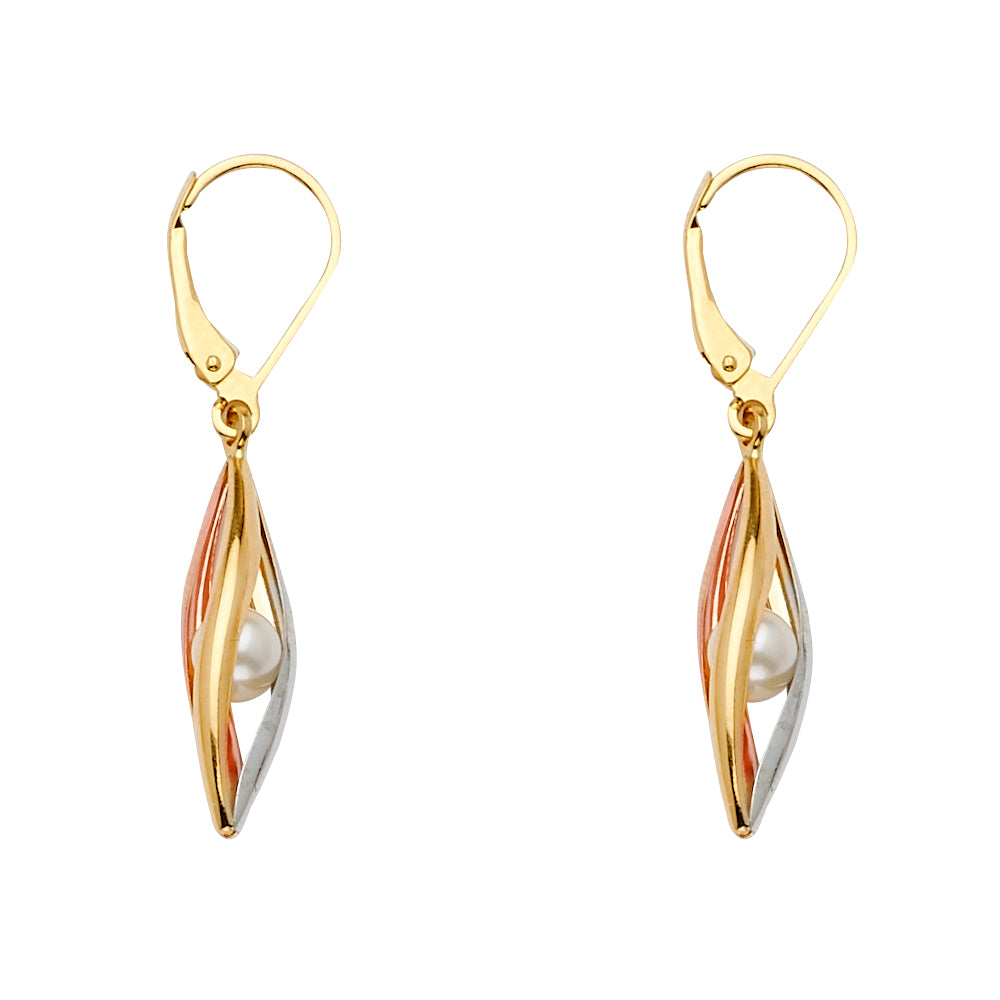 14K Yellow White Rose Gold Tear Drop Type Earring W/Pearl