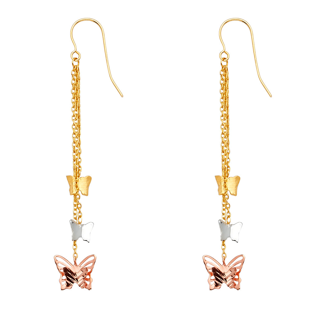 14K Yellow White Rose Gold 3Butterflies Hanging Earring