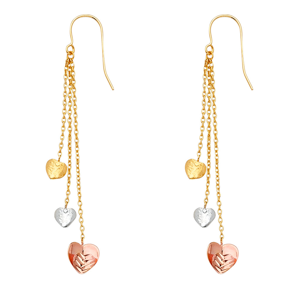 14K Yellow White Rose Gold 3 Hearts Hanging Earring