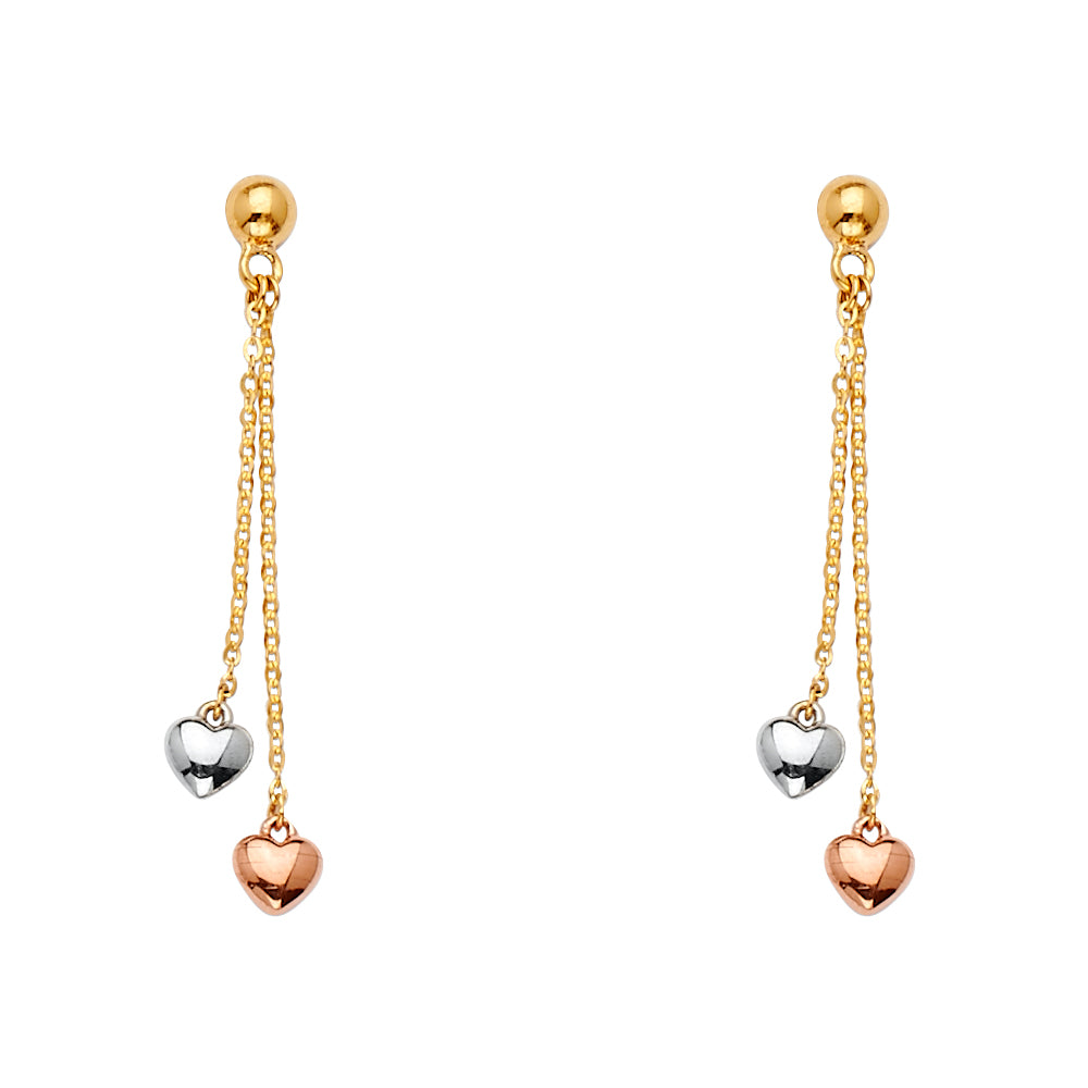 14K Yellow White Rose Gold 2 Hearts Hanging Earring
